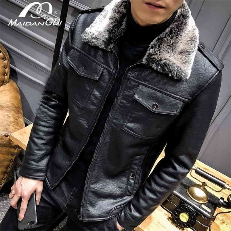 

MaiDangDi Men Jacket Winter Faux Fur Coat Casual Motor PU Leather Male Spring Autumn Solid Color Vintage Pele E P Overcoat 210819, Black;brown