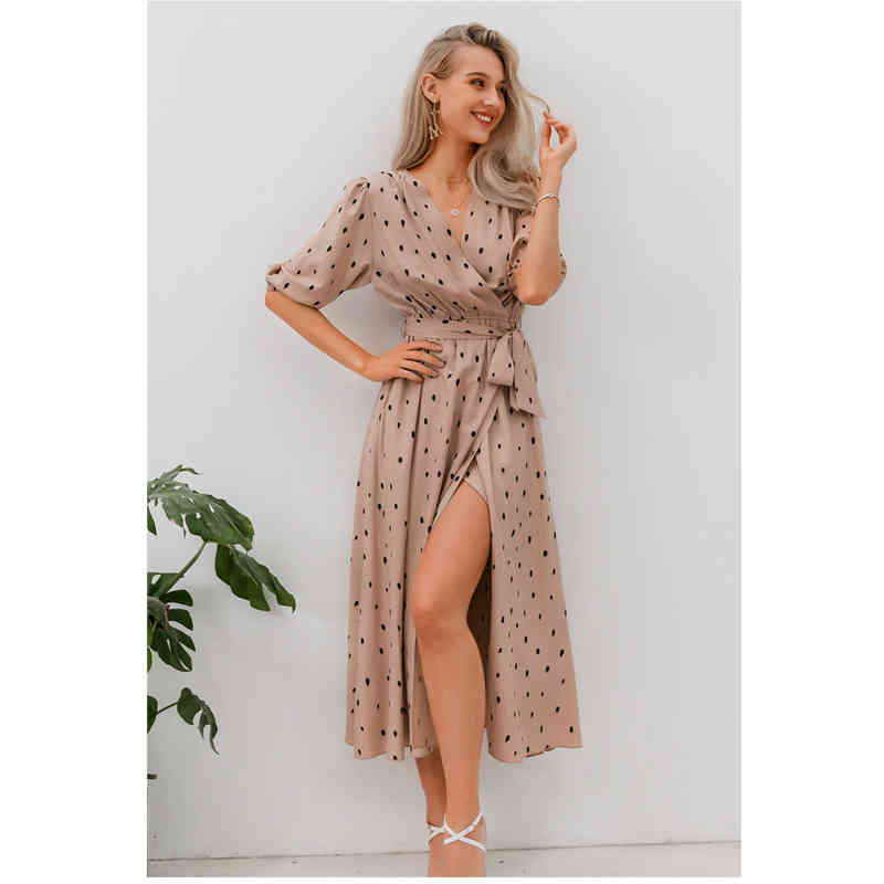 

casual dresses bohemian summer women polka dot elegant puff sleeve a-line v-neck sash streetwear shirt retro maxi party 9bus, Black;gray