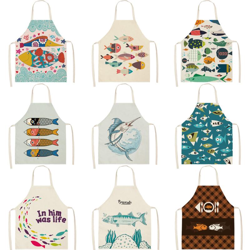 

Sea Animal Cute Fish Cartoon Kitchen Apron Linen Aprons Home Cooking Baking Coffee Shop Cleaning Accessories