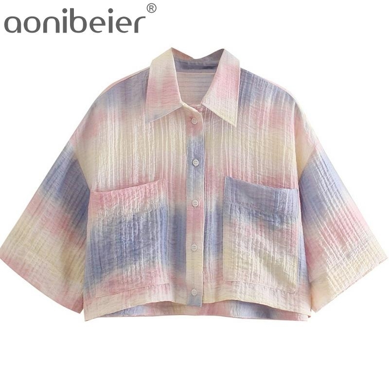 

Women Sweet Gradiant Colorful Tie Dyed Print Casual Short Shirt Female Sleeve Blouse Roupas Chic Tops 210604, Pink
