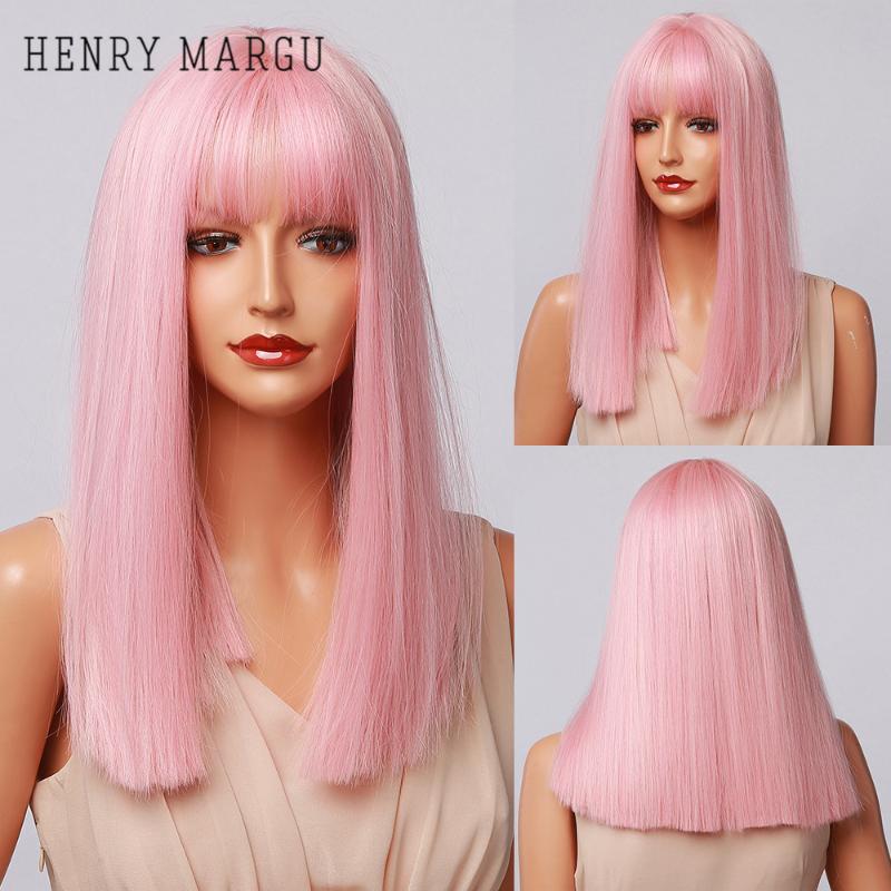 

Synthetic Wigs HENRY MARGU Pink Long Straight For Women Party Cosplay With Bangs Natural Heat Resistant Lolita Hair Wig, Black