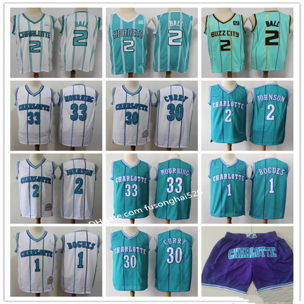 

2021 Mens Charlotte Hornets 33 Alonzo Mourning 2 Larry Johnson 1 Bogues 30 Dell Curry 2 LaMelo Ball Basketball Shorts Jerseys Fa, Black;red