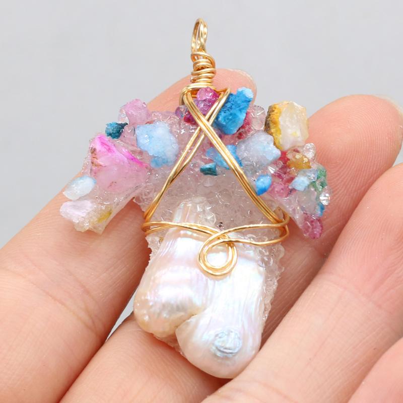 

Charms Natural Stone Pendant Irregular Wound Pearl For DIY Necklace Candy Color Jewelry 35x55mm, Bronze;silver