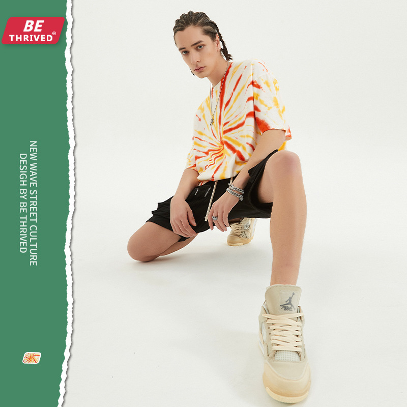 

be men's clothing - 2021 summer new handmade colorful tie dye loose short sve high street hip hop trendy t-shirt for men, White;black