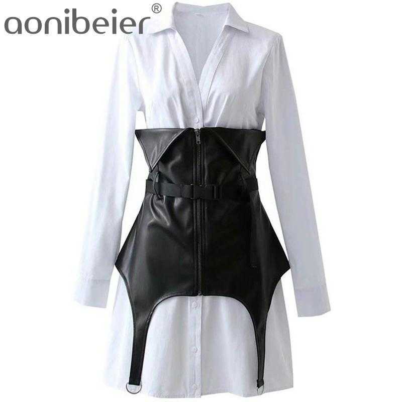 

Fashion Spring Summer Long Sleeve Women White Shirt Dress Female Mini Tunic with Removable PU Waist Corset 210604, 01