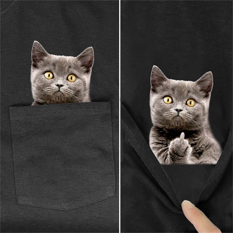 

Cotton T-Shirt Fashion Brand Pocket Cat Middle Finger 3D Print T-shirt Men' Shirts Hip Hop Black Tops Funny Harajuku Tees 220302, Cotton t-shirt 3