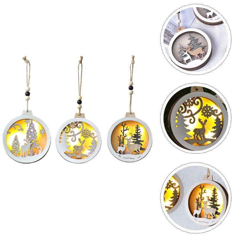 

Christmas Decorations 3Pcs Themed Pendant Wooden Light Party Luminous Decor Khaki