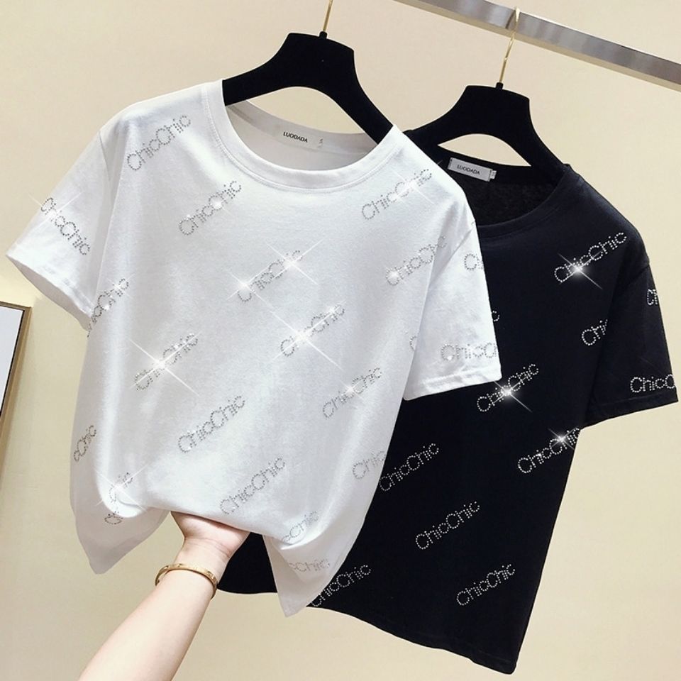 

Women's T-Shirt You'll see suits with short sleeves, white shirt super-diamond-incorporated fire loose top, Black
