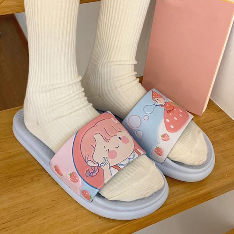 

Women Bathroom Summer Non-slip Slippers Ladies Beach Shoes Cartoon Cute Girl Female Sandals Indoor Home PVC Woman Slides 2021, Black