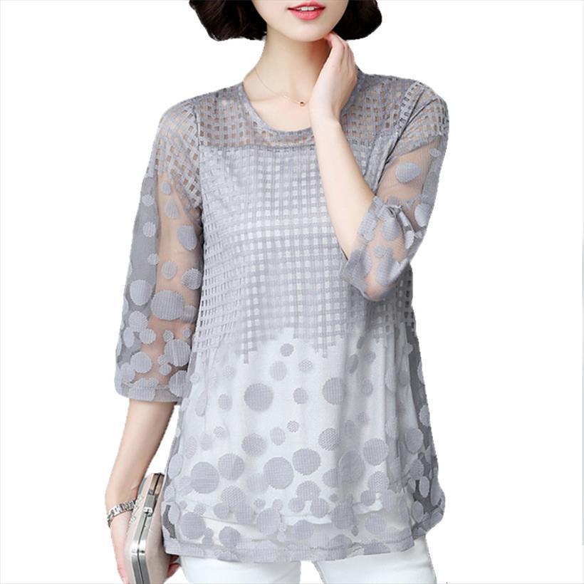 

3 4 sleeve mesh women shirt hollow out loose gray ladies blusas plus size shirts, White