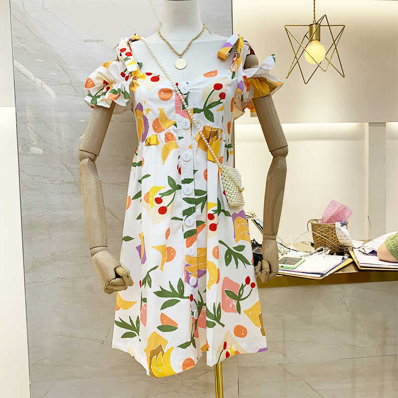 

Summer Print Hollow Out Off-the-shoulder Short-sleeved Loose Single Breasted Square Collar Dresses for Women 210615, White