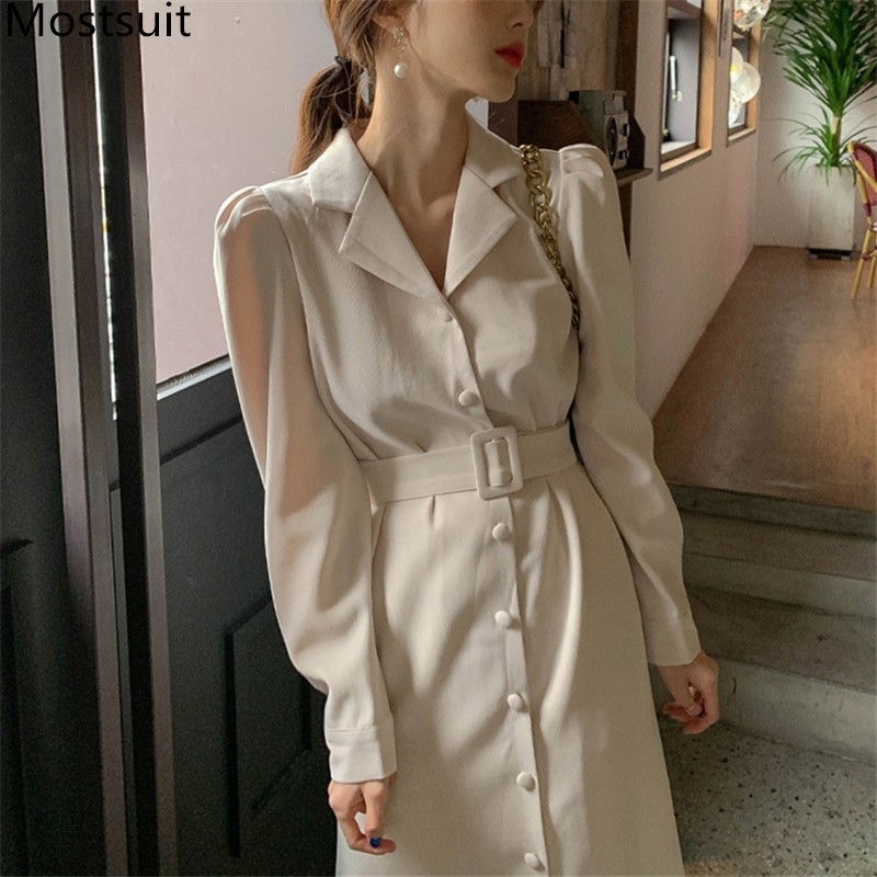 

Korean Elegant Single-breasted Long Mermaid Dress Autumn Sleeve Notched Collar Belted Office Ladies Dresses Vestidos 210518, Apricot