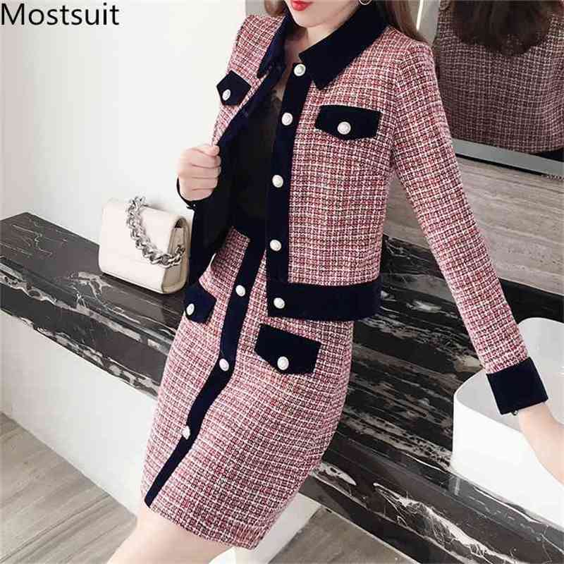 

Winter Women Tweed Vintage Two Piece Skirt Suits Sets Buttons Coat And A-line Outfits Elegant Fashion 2 210513, Red