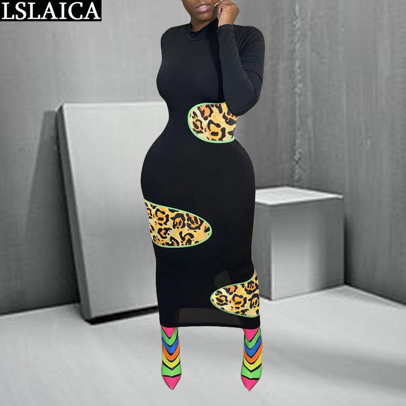 

Africa Dresses Ankle-Length Skinny Long Sleeve Clothes for Women Fall Fashion Printing Color Matching Dress 210520, Green