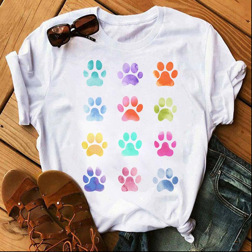 

Watercolor Womens T Shirt Dog Paw Print Summer Fashion Short Sleeve Tops Tee Casual Female Harajuku Mom Tees, White