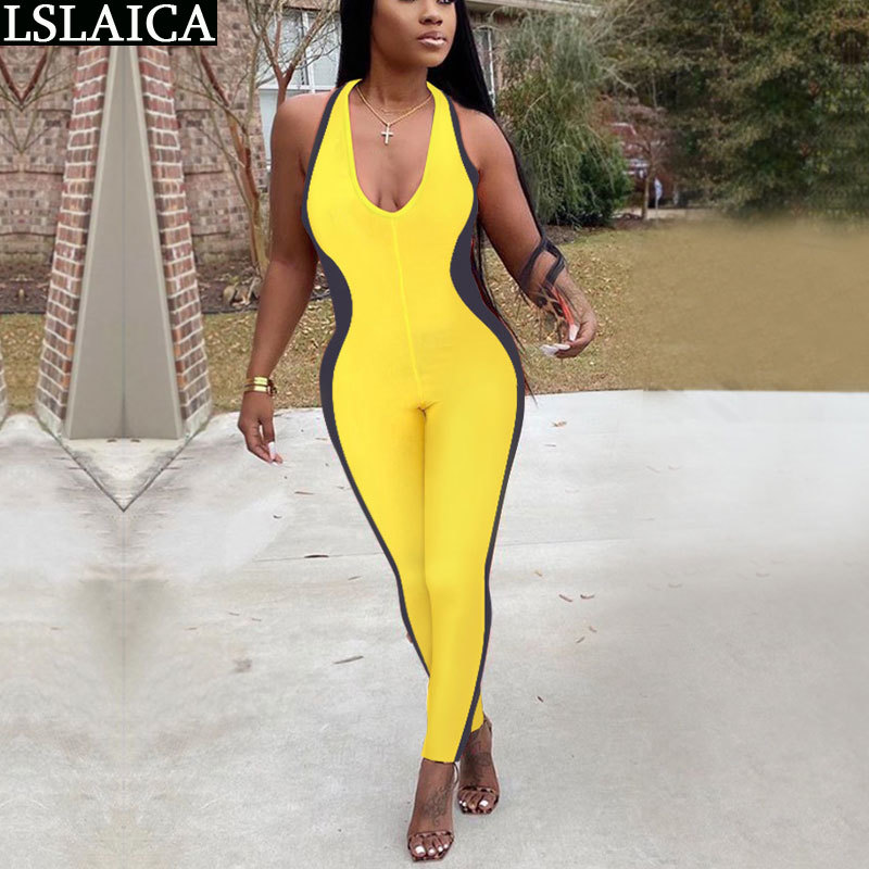 

Fashion plus size jumpsuits sleeveless backless slim elegant women jumpsuit colorful patchwork halter bodycon casual bodysuit 210520, Beige