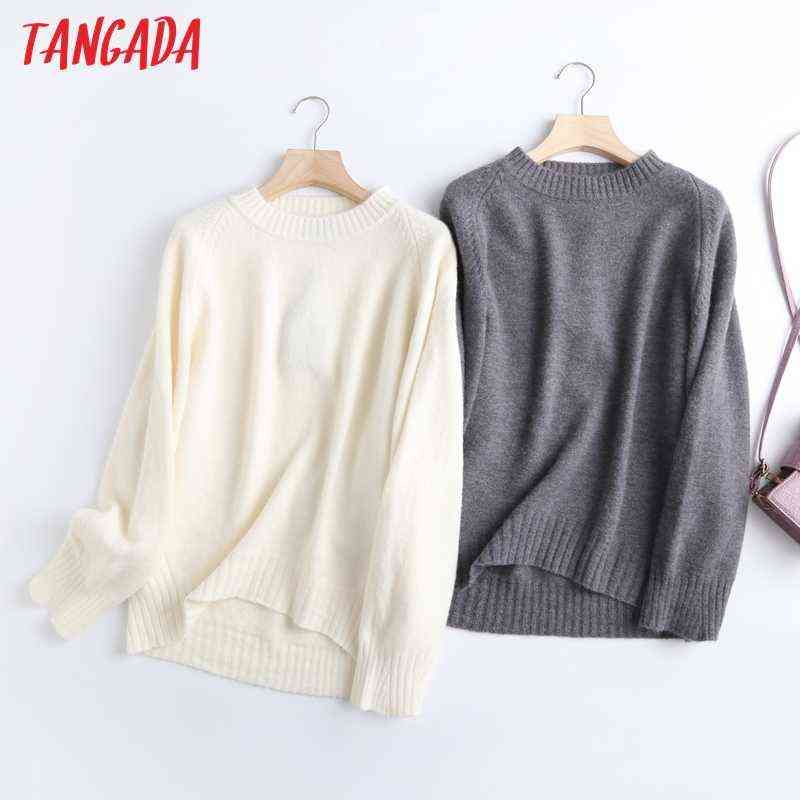 

Tangada Women Fashion Elegant Beige Knitted Sweater Jumper O Neck Female Oversize Pullovers Chic Tops 6D24 211109