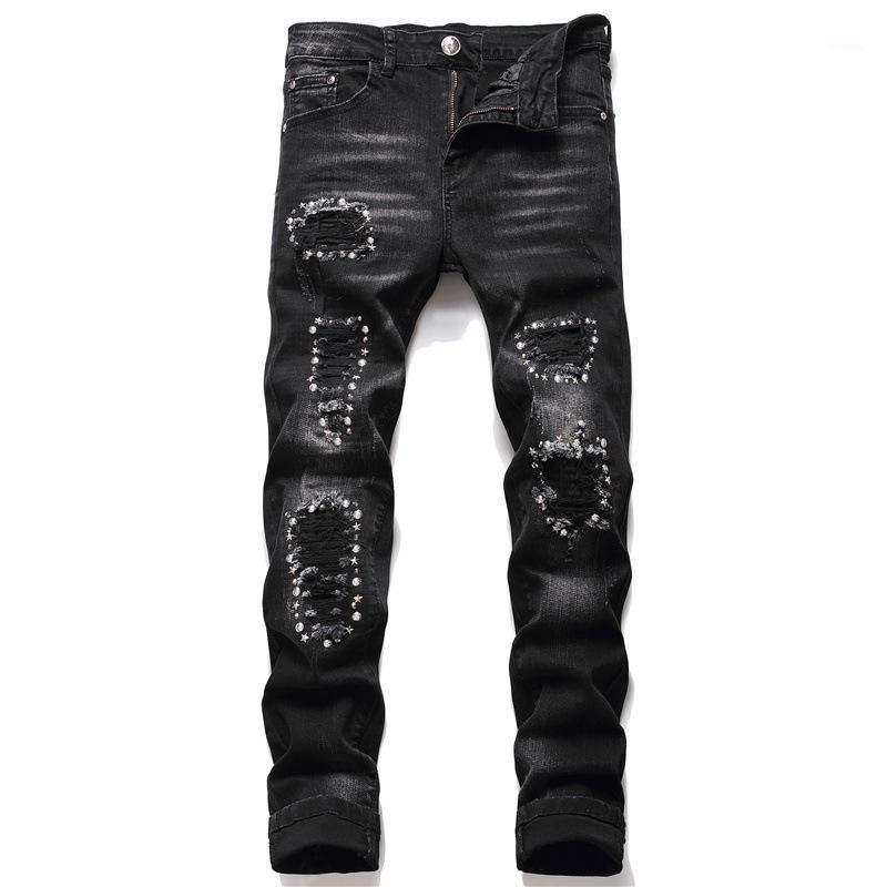 

Men's Jeans 2021 Fashion Autumn Winter Black Ripped Men Stretch Knee Studs Hole Patch Pantalon Hombre Denim Pants, 1989black