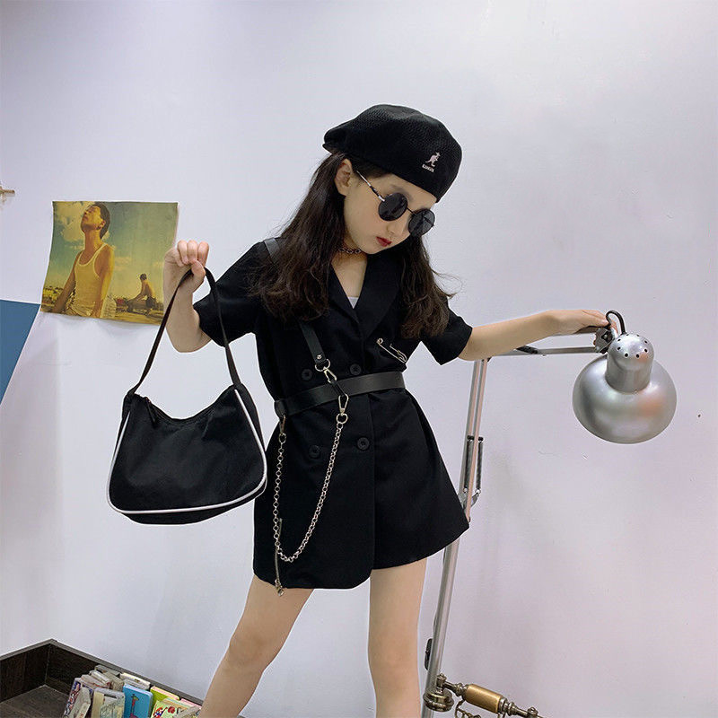 

Modern Girls Dresses Summer Black Cardigan Buckle dresses Metal Chain With Strap Dress 5 7 11 12 13 Years Girls Children Clothes