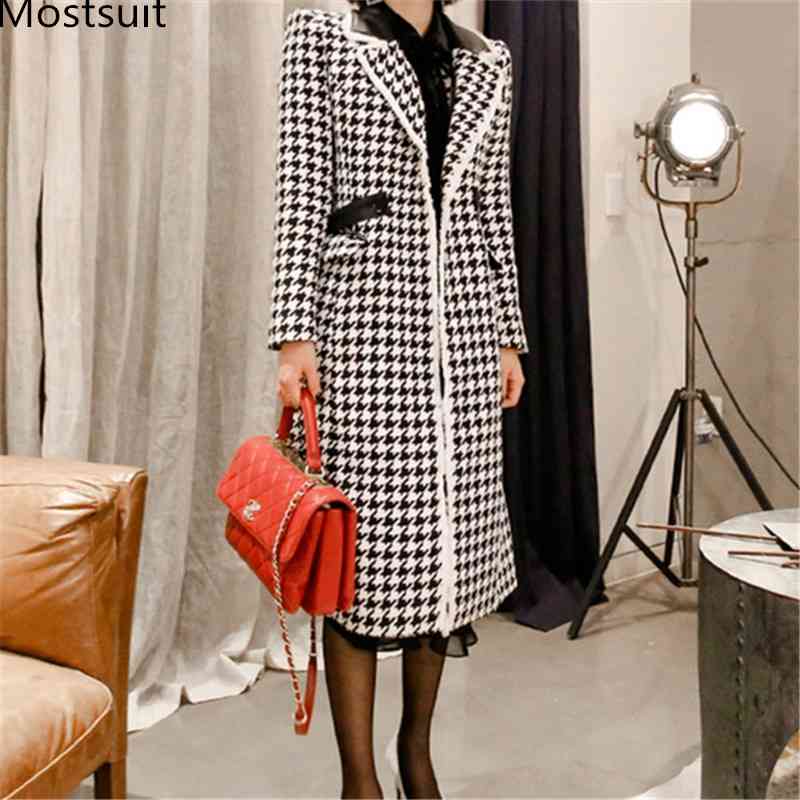 

Winter Korean Houndstooth Woolen Long Coat Jacket Women Sleeve Notched Collar Belted Fashion Vintage Outwear Overcoat 210518