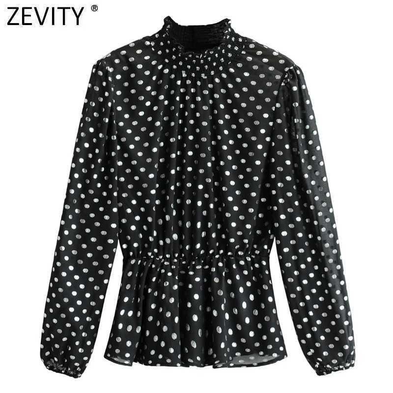 

Zevity Women Vintage Polka Dots Print Elastic Waist Smock Blouse Female Long Sleeve Casual Shirt Chic Blusas Tops LS7645 210603, As pic ls7645ff