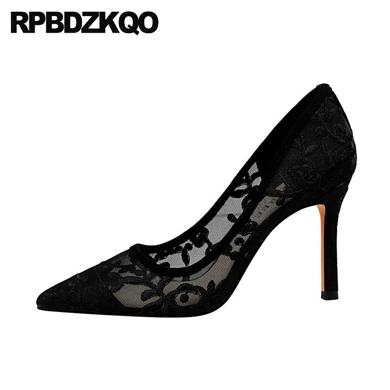 

Dress Shoes Lace Black Party For Women Sandals Embroidered Pumps Embroidery High Heels Pointed Toe Flower Scarpin Mesh Stiletto