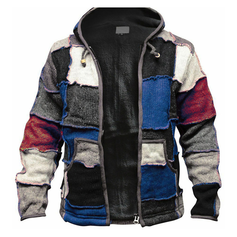 

Fall/winter Zipper Color Matching Cardigan Without Cashmere Loose Casual Men's Warm Winter Hooded Sweater, White;black