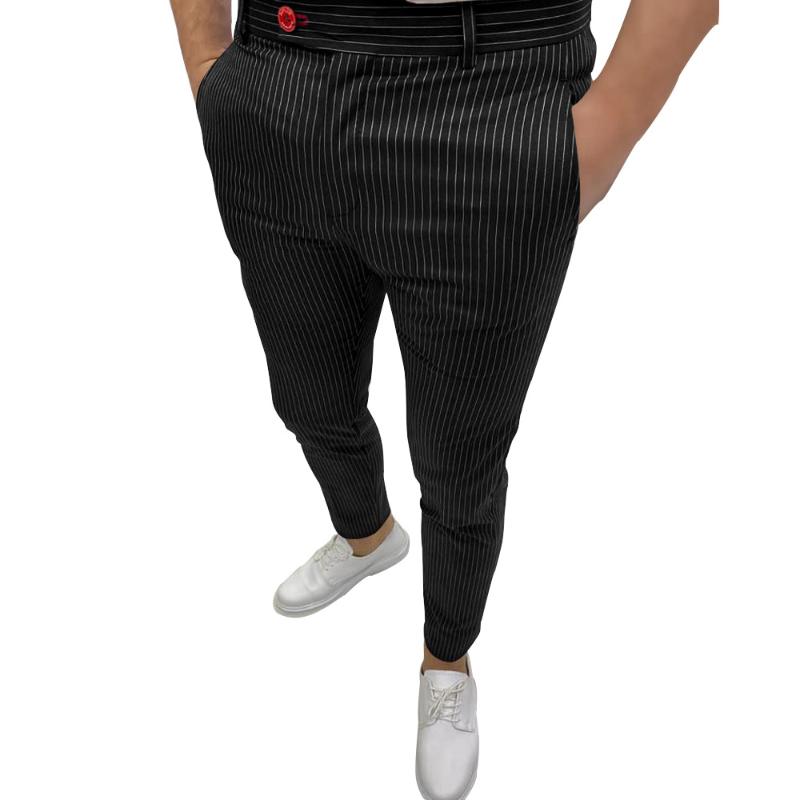 

Men's Pants Men Skinny Striped Pencil Slim Fitness Autumn Spring Pockets Zip Buttons Office Casual Stretch Fit Trousers Bottoms, Black