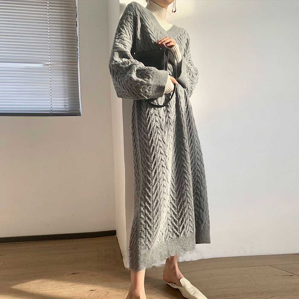 

Casual Dresses Sweater Knitted Dress Long Women Solid Color V-neck Sleeve Autumn Winter Korean Fashion Loose Japanese Style 7V5R, 1# packing bag