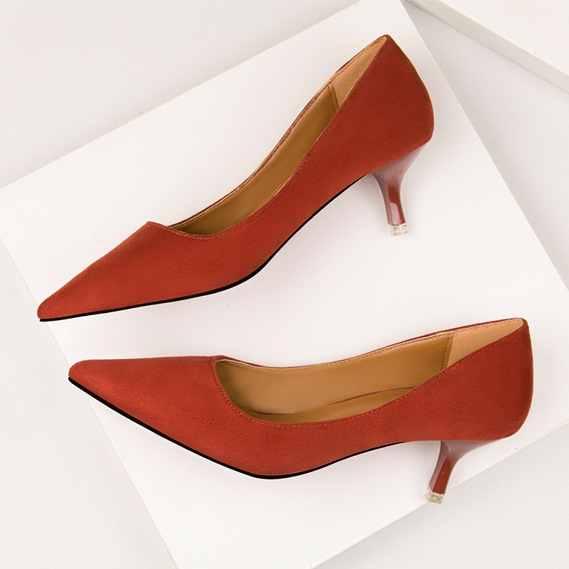 

Simple Sexy Slim High Heel Light Mouth Solid Pointed Suede Single Shoes High Heels, Red