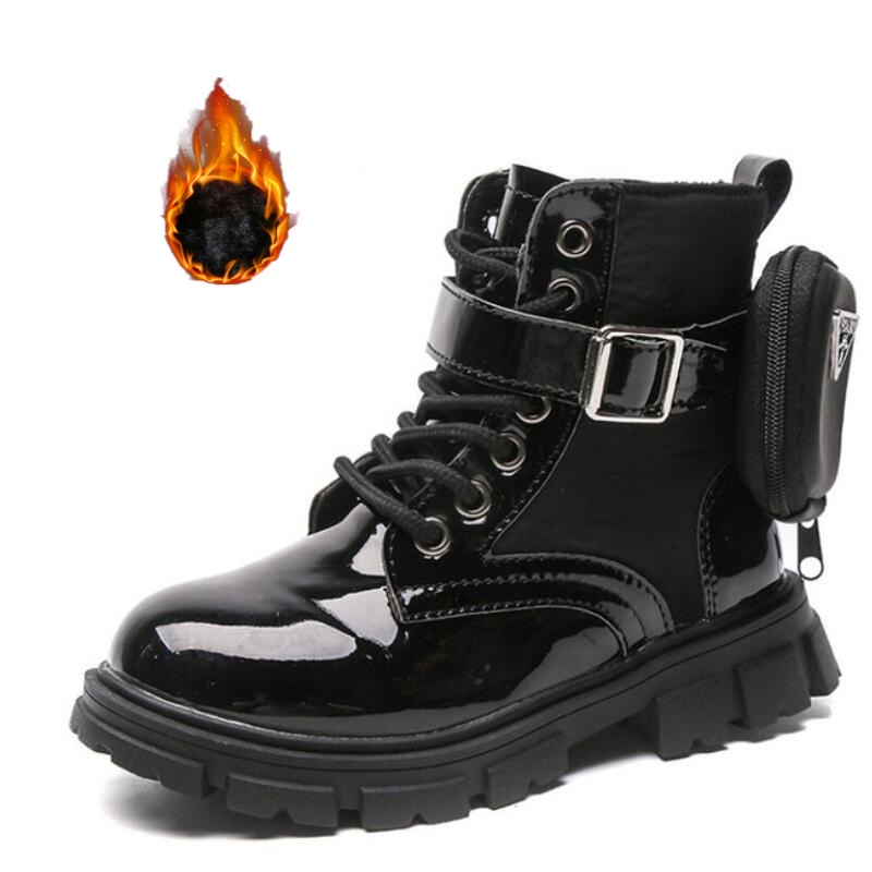 

Winter Children's Boots Girls Princess New British Style Kids Short Martin Shooes School Bag Warm Sneakers, Black 2 fur
