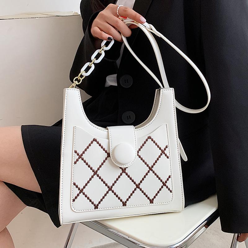 

Embroidery Thread Grid Design Small PU Leather Crossbody Bags For Women 2021 Luxury Fashion Travel Shoulder Handbags, Beige
