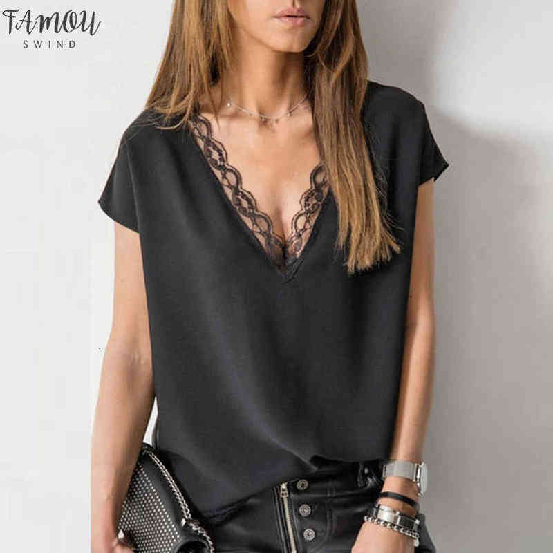 T Shirt Women Casual Black Sexy Low Cut Lace Tops Daily Short Sleeve Modis V Neck Elegant Sw