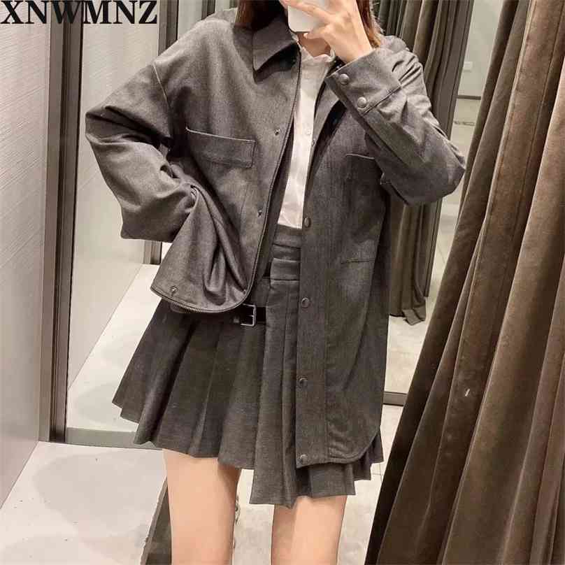 

women oversized collared overshirt long cuffed sleeves front patch pockets fastening with zip snap-button placket tops 210520, Dark grey