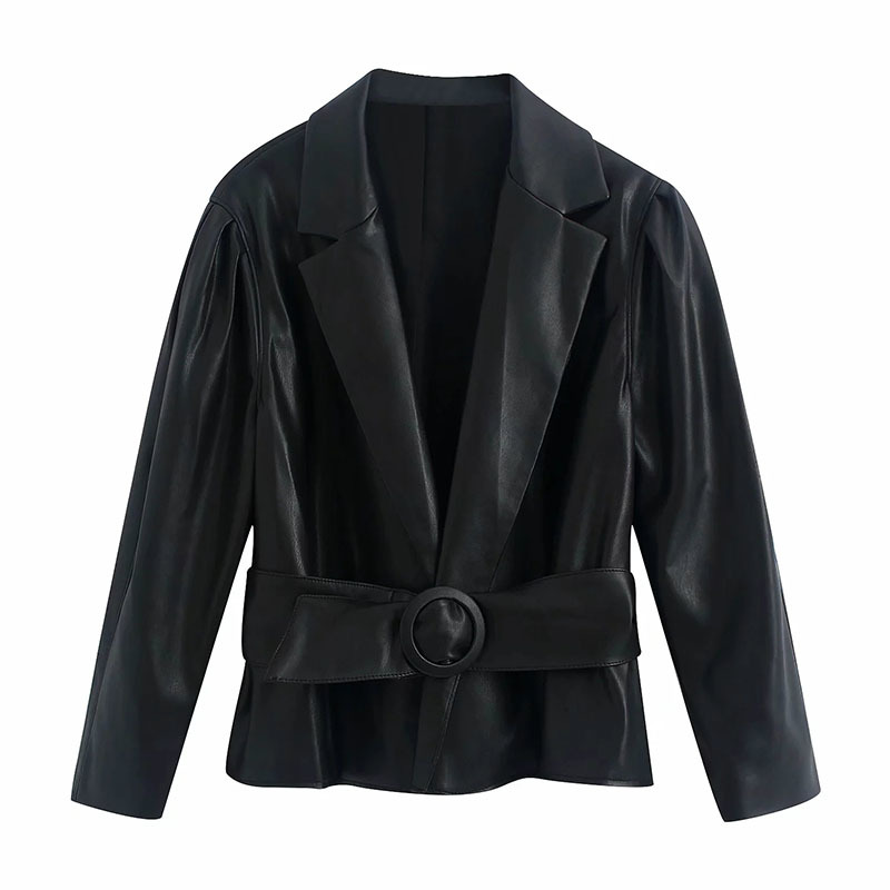 

Women Fashion Simplicity PU Belt Artificial Leather Clothing Female Commute Lapel Long Sleeves Office Lady Jacket 210520, Black