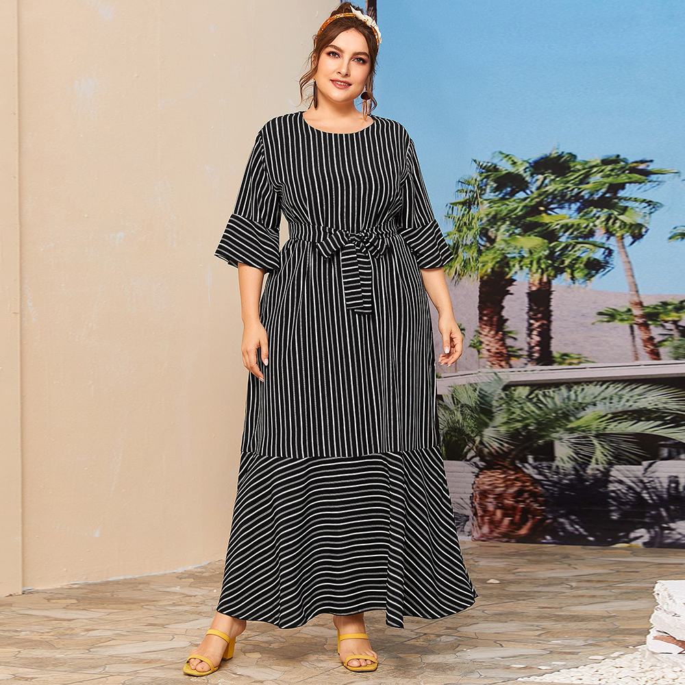 

2021plus size dress summer women 2021 fashion three quarter sleeve striped print casual dress black ruffles maxi long dresses, Black;gray