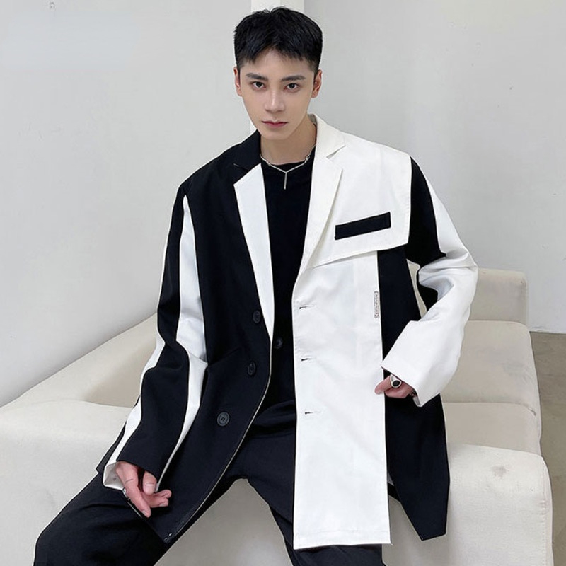 

Men's Black White Color Contrast Patchwork Design Suit Coat Trend Single Breasted Long Sleeve Irregular Blazer Autumn New, White;black