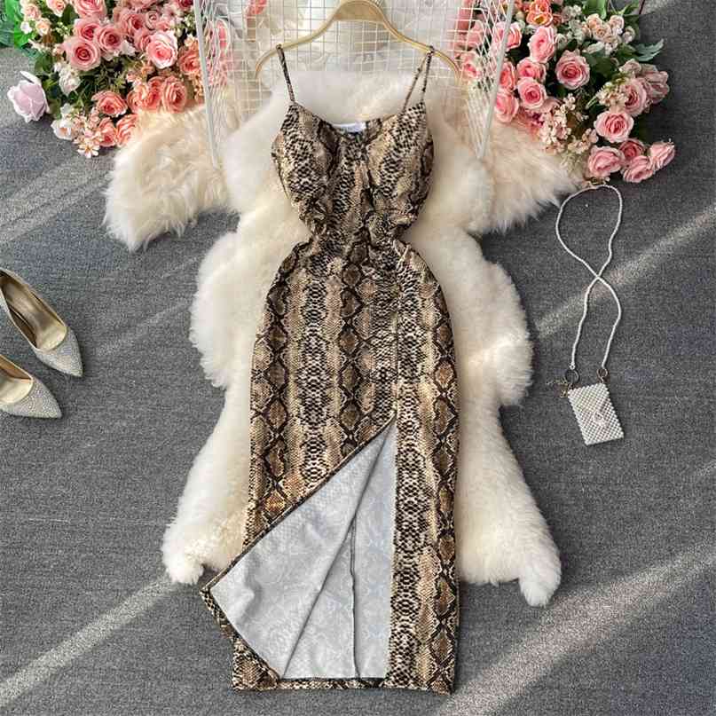 

Sexy Snake Print Spaghetti Strap Long Party Dress Women Fashion Summer Sleeveless Slim High Waist Split Backless Club Dresses 210603, Khaki