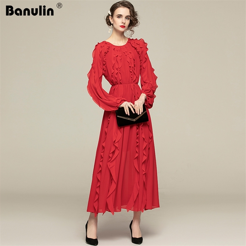 

Spring Fashion Chic Ruched Ruffles Red Long Dress Women's Lantern Sleeve Elastic Wasit Elegant Chiffon Christmas 210603