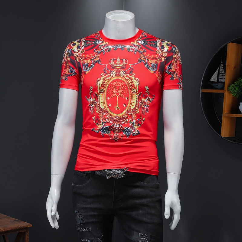 

2021 men's short-sleeved t-shirt summer pure cotton trend embroidered flower slim-fitting mercerized red bottoming shirt