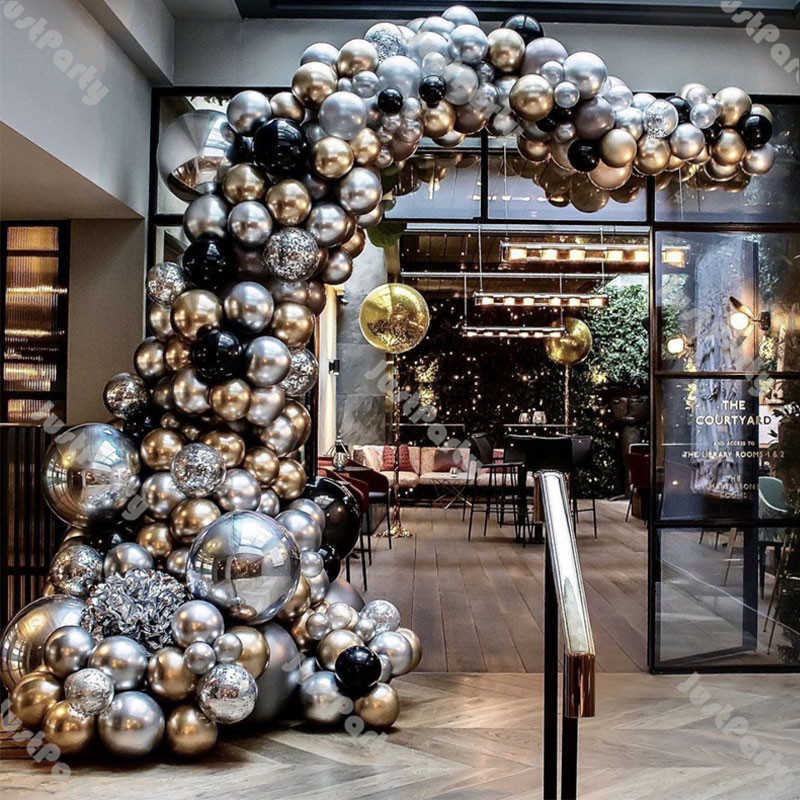 

192pcs Metal Silver Balloons Garland DIY Wedding Decorations Chrome Gold Champagne Matte Black Balloon Arch Birthday Party Decor X0726