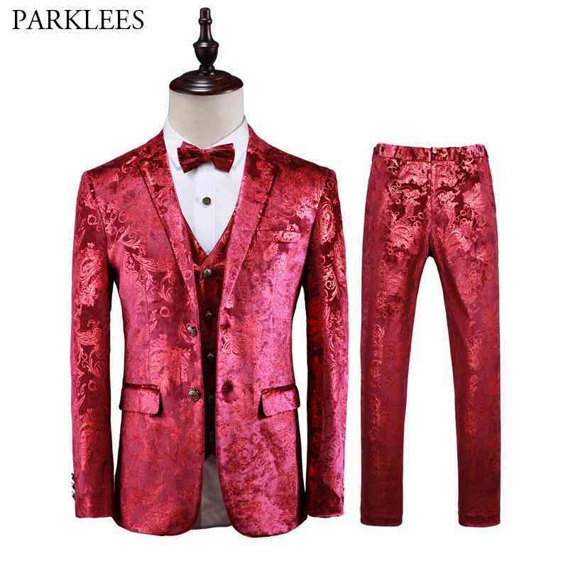 

Mens Red Paisley Wedding 3 Piece Suits (Jacket+Pants+Vest) Party Stage Singer Costume Homme Nightclub Prom Dress Suit Men Terno 210524, As picture show