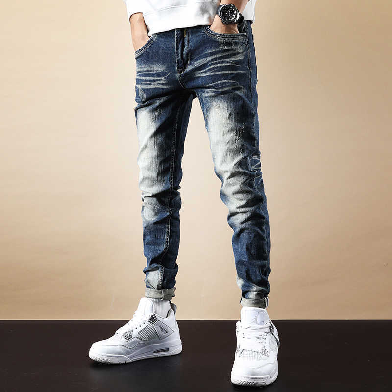 

Italian Style Fashion Men Jeans Retro Blue Wash Elastic Slim Fit Ripped Denim Trousers Vintage Designer Cotton Pencil Pants