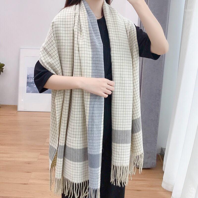 

Scarves Girita Winter Women Scarf Cashmere Warm Plaid Shawl And Wraps Bandana Pashmina Soft Long Tassel Female Foulard Bufandas, Blue;gray