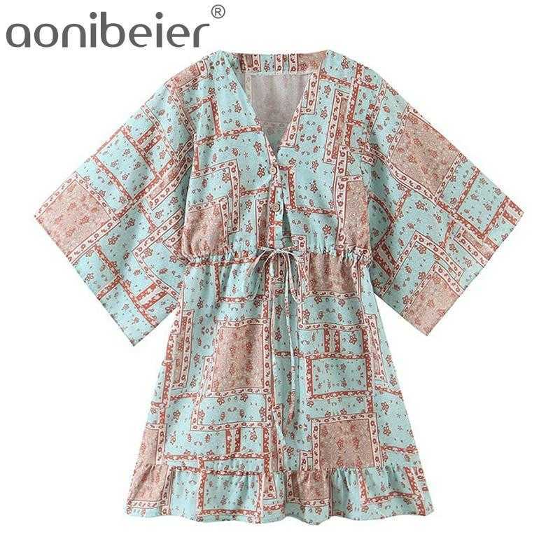 

Printed Summer Casual Beach Kimono Dress Button Front Drawcord High Waist Deep V Neck Women Loose Ruffles Mini 210604, 01