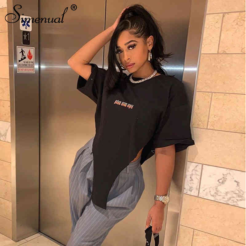 

Simenual Letter Print Cut Out Casual t Shirts Oversized Short Sleeve Women Crop Top Fashion Streetwear Black Tees Hot, White