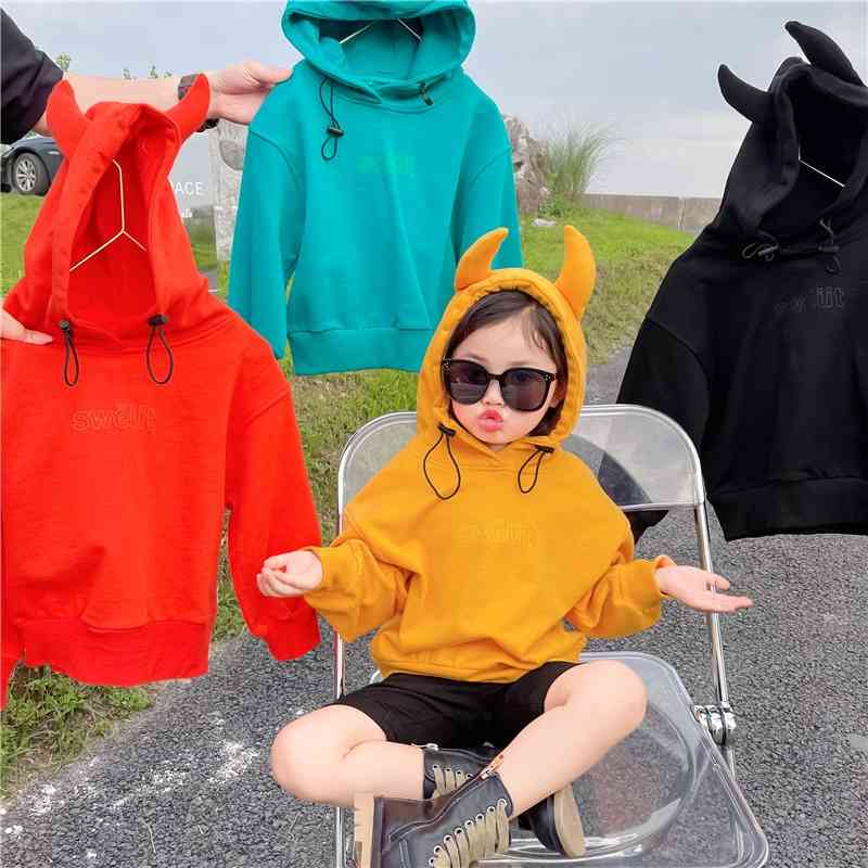 

Korean children's ox horn Hoodie girls' 2021 autumn new boys' baby letter embroidery long sleeve coat