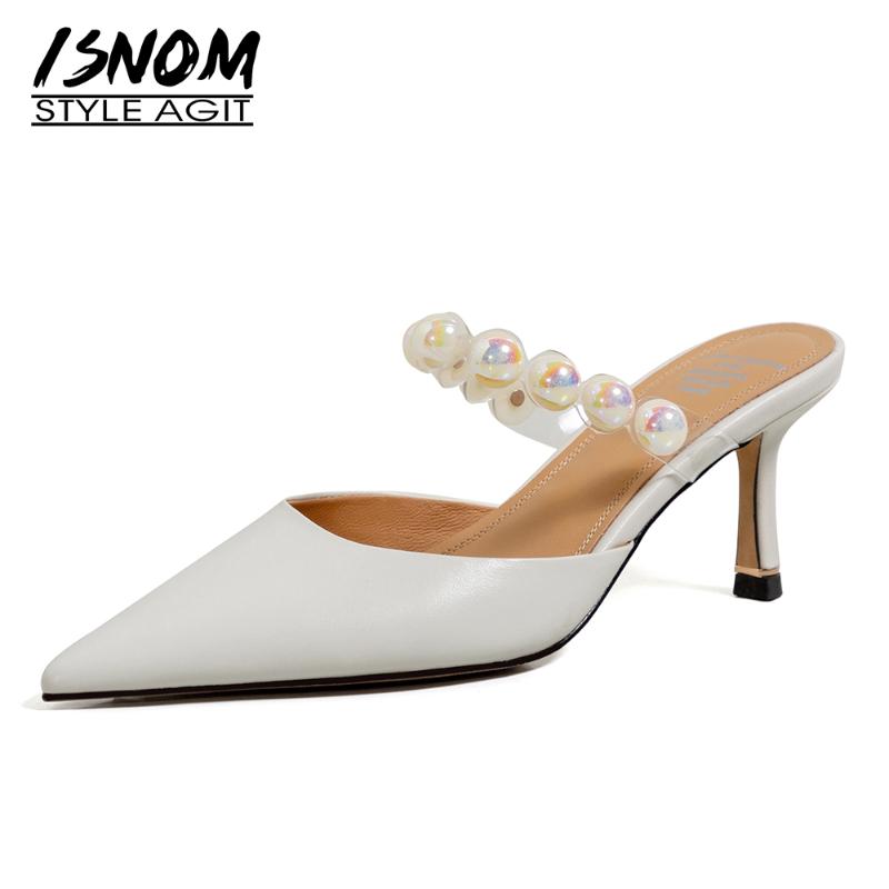 

ISNOMS Women Genuine Leather Pearl Slippers Mules Pointed Toe Thin High Heels Mules Ladies Sweet Summer Outside Slides Shoes, Black