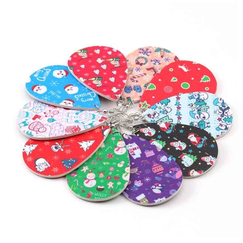 

Leather Stainless Steel Dangle Print Drop Shaped Ear Hook Christmas Earrings