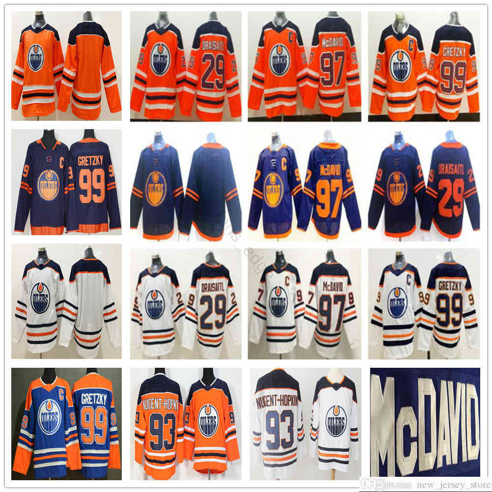 

2019-2020 Edmonton Oilers Third Jersey 97 McDavid 99 Wayne Gretzky 29 Leon Draisaitl 93 Ryan Nugent-Hopkins Men Woman Kids Hockey Jerseys, Black;red
